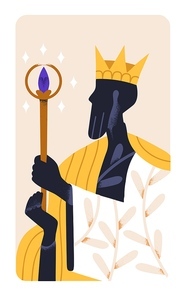 Crowned king majesty with magic wand stick, mystic esoteric power. Authority, royal noble energy concept. Monarch leader, abstract emperor card. Flat vector illustration isolated on white background.