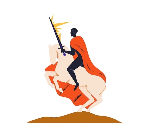 Warrior, horse rider with sword. Armored horseman, abstract brave hero in mantle on horseback, warhorse. Heroic power and courage concept. Flat vector illustration isolated on white background.