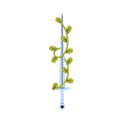 Metal sword with leaf branch, abstract military symbol. Long blade weapon with leaves plant. Sharp sabre, longsword. Power, defense concept. Flat vector illustration isolated on white background.