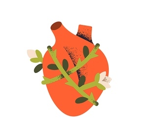 Heart with plant branch, blossomed flowers, leaves around. Kindness, tenderness, love, generosity, charity, goodness, organ donation concept. Flat vector illustration isolated on white background.