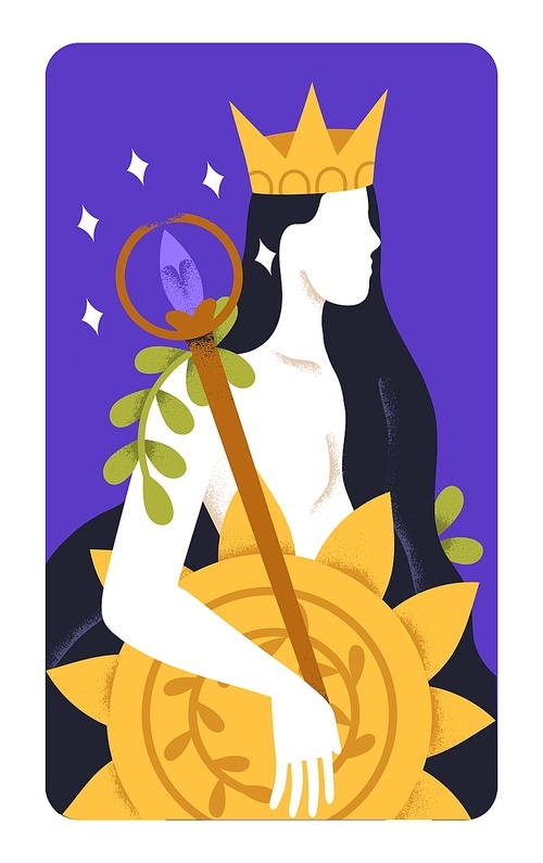 Powerful crowned Queen with wand and sun. Wealth, prosperity, abundance, fortune, power and fertility concept. Monarchy and Royal Majesty. Woman leader. Symbolic card. Flat vector illustration.
