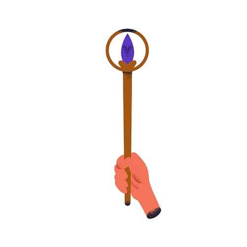 Hand holding wand, torch light, magic stick, symbol of power. Powerful magician arm with torchlight. Esoteric supernatural mystic concept. Flat vector illustration isolated on white background.