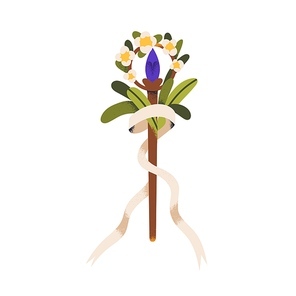 Esoteric wand and floral wreath, flowers. Mystic concept symbol of success, reward. Sacred magic symbolic stick with blooms, leaves, ribbon. Flat vector illustration isolated on white background.