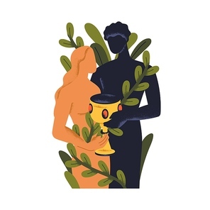 Romantic couple holding goblet. Love, respect and appreciation in healthy relationship concept. Equal partnership with common achievement. Flat graphic vector illustration isolated on white background.