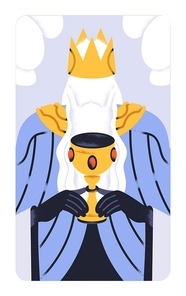 Crowned king leader with magic goblet. Majesty, authority, royalty concept. Royal unknown monarch with secret esoteric goblet cup in hand. Mysterious power. Conceptual flat vector illustration.