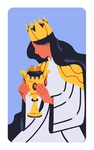 Queen with royal esoteric goblet in hand. Crowned noble woman, princess holding mysterious bowl, secret occult cup. Abstract female monarch, empress, majesty. Concept flat vector illustration.