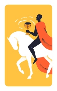 Mystic horse rider in mantle, sitting on horseback. Magic esoteric character with goblet cup of secret mysterious elixir. Magician riding stallion, vertical poster card. Flat vector illustration.