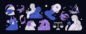 Zodiac symbols for astrology horoscope. Twelve astral constellation signs set. Modern-styled Capricorn, Gemini, Sagittarius, Scorpio, Leo, Libra and stars bundle. Isolated flat vector illustrations.