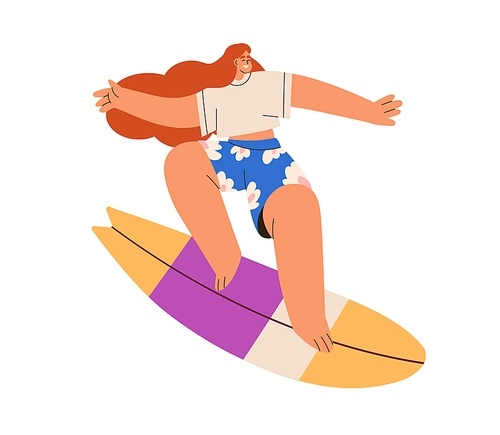 Woman surfer standing on board. Happy active girl on surfboard on holiday. Extreme summer sport, leisure activity, entertainment on vacation. Flat vector illustration isolated on white background.