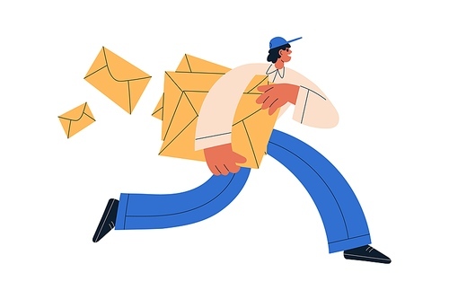 Postman carrying, holding envelopes. Mailman running with letters, correspondence. Fast mail man, courier. Post delivery service concept. Flat vector illustration isolated on white background.