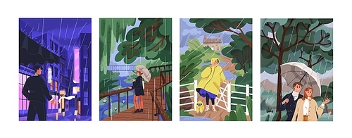 Rainy weather, season cards set. Characters under umbrellas, in raincoat, walking outdoor in heavy rain, wind in summer, spring. Shower, downpour, monsoon postcards. Flat vector illustrations.