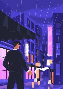 Man smoking in night city street in rain. Cityscape in rainy weather, downpour. Person standing under shelter among urban buildings with cigarette in downpour, rainfall. Flat vector illustration.