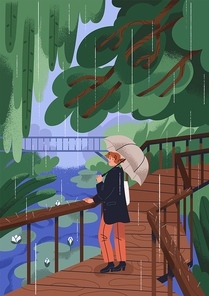 Person walking alone in park, strolling under umbrella in rainy weather. Woman in nature in rain. Girl standing among trees in rainfall shower, enjoying, contemplating. Flat vector illustration.