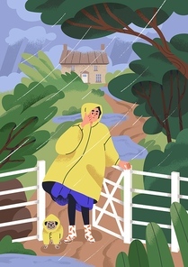 Woman and dog walking in rainy weather, day. Pet owner, girl and cute puppy in hooded raincoat outdoors during stroll in puddles under rain, rainfall, summer shower. Flat vector illustration.