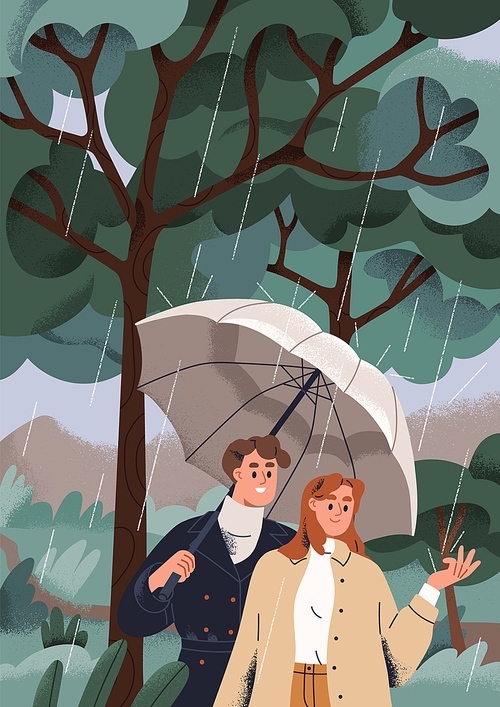 Love couple walking in rainy weather, day. Happy romantic man and woman in rain season. People on date in nature, outdoor, strolling under umbrella in rainfall, downpour. Flat vector illustration.