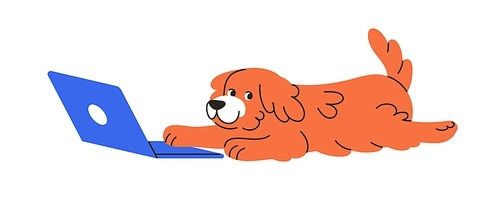Cute dog at laptop. Funny puppy in internet, online at notebook computer. Amusing happy doggy, PC user. Canine animal, pup using technology. Flat vector illustration isolated on white background.