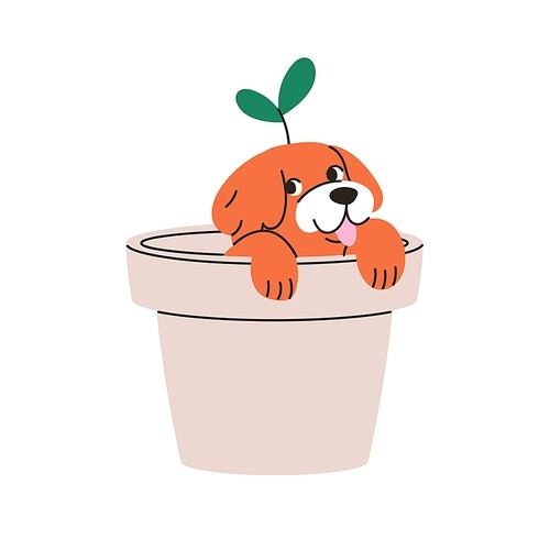 Cute newborn puppy. Funny small dog peeking out from plant pot. Little amusing tiny pup in planter. Happy joyful excited baby doggy canine animal. Flat vector illustration isolated on white background.