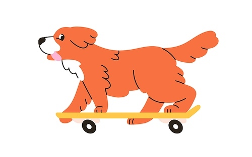 Funny dog riding skateboard. Cute little puppy on skate board. Amusing adorable doggy skater, happy active canine animal, skateboarder. Childish flat vector illustration isolated on white background.