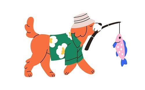 Cute dog walking, carrying with fishing rod, angler. Funny doggy in panama, summer clothes, puppy, canine fisher with fish. Childish kids flat graphic vector illustration isolated on white background.