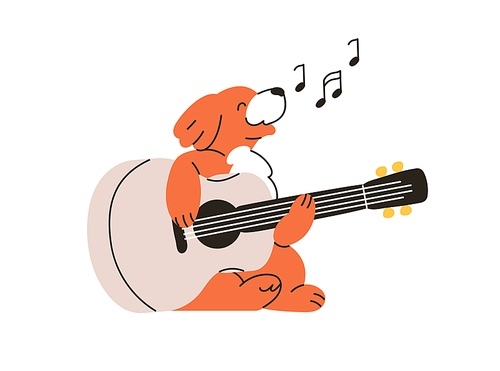 Cute dog playing guitar, performing music on string instrument. Funny doggy pet singing song. Talented puppy musician, little canine animal. Flat vector illustration isolated on white background.