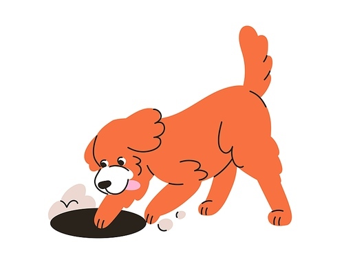Cute dog digging hole with paws. Funny little puppy, canine animal. Happy excited pup, doggy exploring, finding, looking for smth. Search concept. Flat vector illustration isolated on white background.