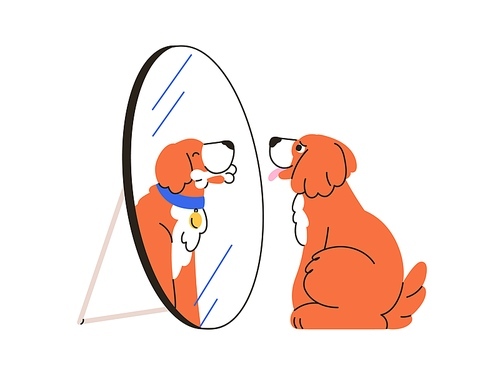 Cute dog dreamer looking at mirror reflection, imagining bone. Funny happy doggy, puppy dreaming, wishing food. Imagination concept. Flat graphic vector illustration isolated on white background.
