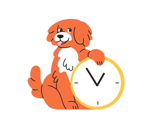 Cute dog with alarm clock. Time management, biorhythms concept. Funny happy doggy, puppy waiting, expecting, hinting. Canine animal and watches. Flat vector illustration isolated on white background.