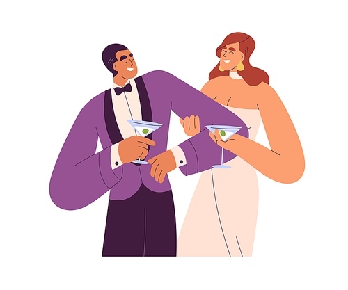 Rich love couple, woman in chic dress and man in elegant suit. Happy wealthy wife and husband holding cocktails, laughing at evening party. Flat vector illustration isolated on white background.