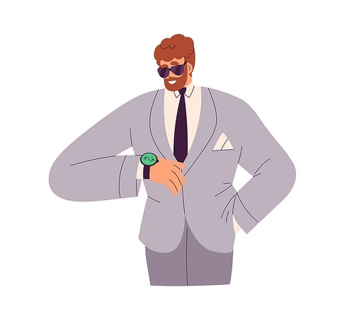 Time is money concept. Rich man looking at wrist watch on hand. Wealthy businessman in business suit with watches, wristwatches on arm. Flat vector illustration isolated on white background.