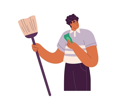 Low wages concept. Poor janitor for little money, bad salary. Upset sad unhappy man worker with small earnings for labor. Flat graphic vector illustration isolated on white background.