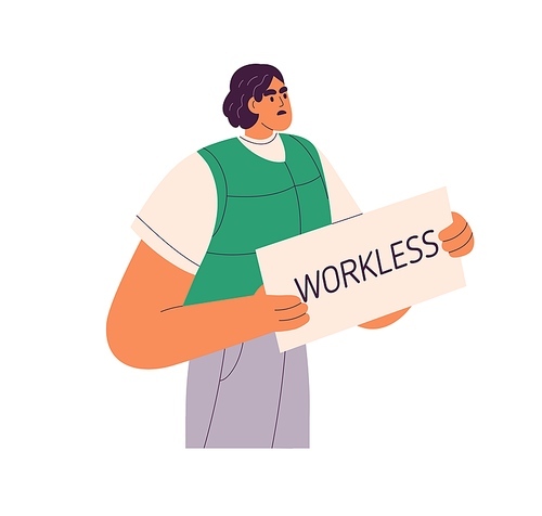 Jobless unemployed person with Workless placard. Unemployment concept. Sad dismissed man after layoff, redundancy. Upset fired character. Flat graphic vector illustration isolated on white background.