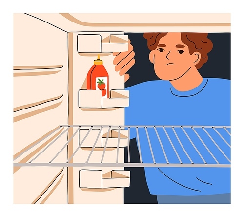 Hungry poor person looking inside empty fridge. Sad upset man with nothing to eat on refrigerator shelf. Food crisis, poverty, need, shortage, hunger, starvation concept. Flat vector illustration.