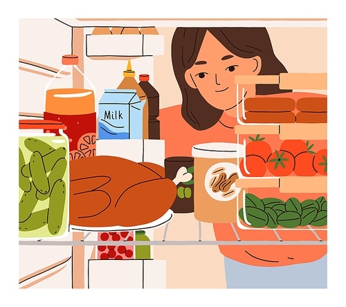 Person looking inside fridge. Woman opening, checking home refrigerator with food products, ingredients, choosing eating on shelf with varied snacks, turkey, vegetables. Flat vector illustration.