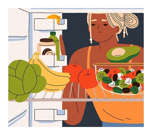 Girl looking inside fridge. Young sad woman on vegetarian diet, opening refrigerator with eating. Healthy dietary food products, fresh fruits, vegetables, salad on shelf. Flat vector illustration.