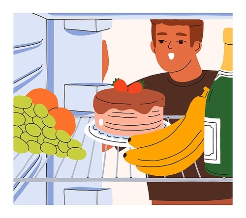 Surprised man looking inside fridge, finding holiday cake. Happy person opening door, festive food, birthday dessert, champagne, fruits on shelf, view from refrigerator. Flat vector illustration.