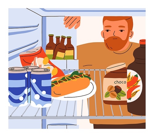 Man looking inside fridge with unhealthy snacks, fast junk food. Guy bachelor opening refrigerator door with beer bottles, alcohol drink tins, cans, hot dog, chips on shelf. Flat vector illustration.