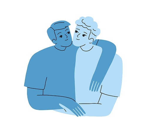 Happy gay couple. Homosexual romantic relationship between affectionate men. Happy loving guy, boyfriends hugging together. LGBT partners. Flat graphic vector illustration isolated on white background.