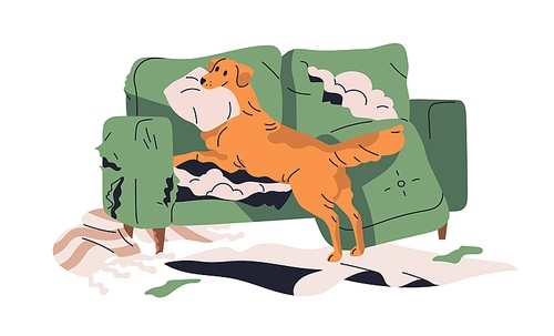Bad canine behavior. Dog destroying furniture, damaging, ripping sofa. Doggy tearing up couch, chewing stuffing. Animal psychology trouble. Flat vector illustration isolated on white background.