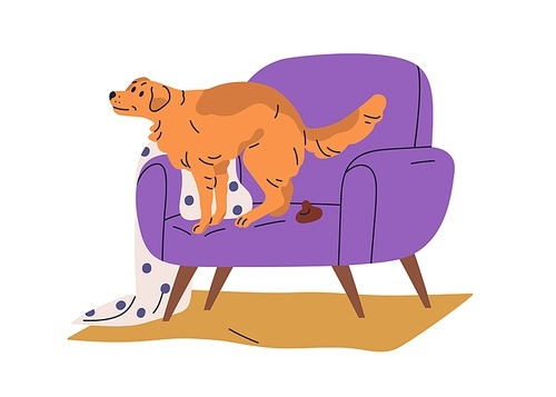 Dog pooping on furniture. Bad unwanted behavior problem, canine defecation at home. Doggy spoiling armchair with shit, feces, excrement. Flat vector illustration isolated on white background.