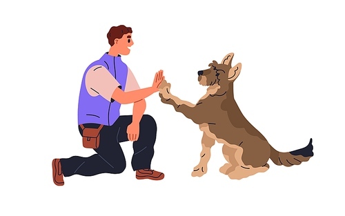 Man giving high five to dog. Doggy and canine trainer gesturing with hand and paw. Owner, cynologist training smart obedient puppy. Flat graphic vector illustration isolated on white background.