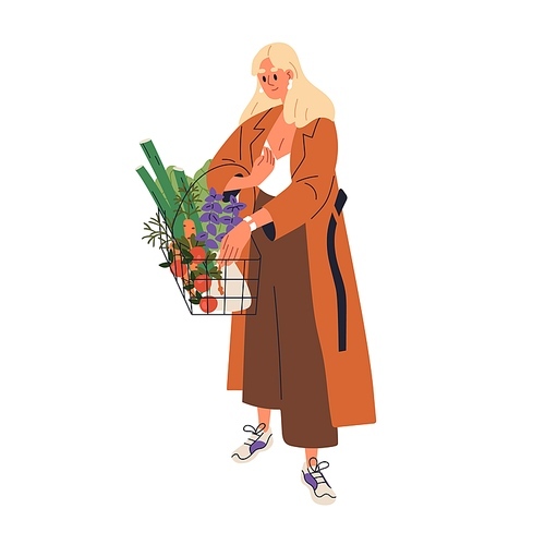 Woman customer with shopping basket, healthy vegetarian food, grocery products. Modern girl buying organic natural vegetables, fruits. Flat graphic vector illustration isolated on white background.