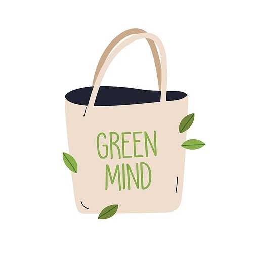 Eco-friendly tote bag, fabric shopper. Reusable canvas totebag with handles from natural textile. Green mind, life and shopping concept. Flat vector illustration isolated on white background.