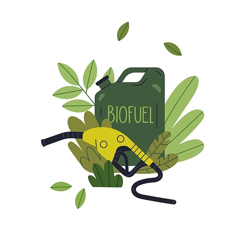 Biofuel, green renewable bio fuel, energy concept. Eco-friendly natural sustainable biogas canister and pistol, hose for car, auto. Flat graphic vector illustration isolated on white background.