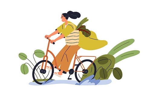 Happy girl riding bicycle in summer. Young woman cyclist with tote bag cycling bike after green shopping. Active eco-friendly lifestyle concept. Flat vector illustration isolated on white background.