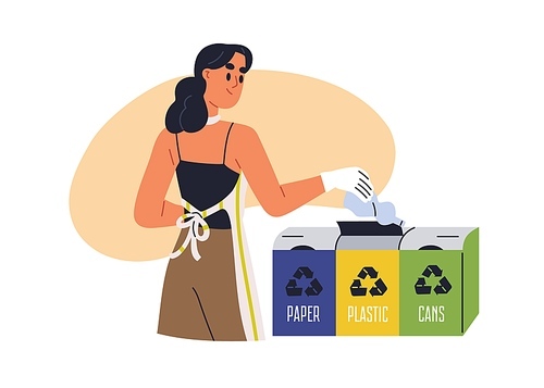 Garbage, trash sorting concept. Person throwing, utilizing plastic bottle into rubbish container, dustbin. Woman separating waste, refuse. Flat graphic vector illustration isolated on white background.