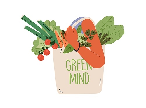 Tote bag in hand, green grocery products, organic food, healthy vegetables. Local market shopping, zero waste, eco vegetarian lifestyle concept. Flat vector illustration isolated on white background.