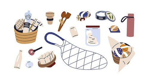 Eco recycled products set. Sustainable organic accessory, bathroom and kitchen stuff. Zero waste items. Natural cosmetic, reusable cup, mesh bag. Flat vector illustration isolated on white background.