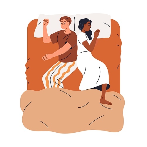 Family couple asleep in bed. Man and woman lying, sleeping uncovered in pajamas. Sweet night dream of spouse, sleepy wife and husband, top view. Flat vector illustration isolated on white background.