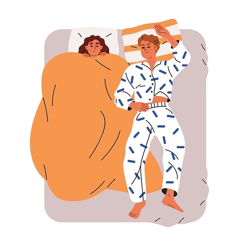 Asleep couple in bed. People sleeping, dreaming, reposing at night. Woman feeling cold, covered with blanket, duvet and man in pajamas uncovered. Flat vector illustration isolated on white background.