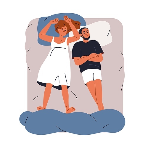 Sleeping, dreaming couple in bed, top view. Family, man and woman asleep, lying on backs, reposing, relaxing uncovered at warm hot summer night. Flat vector illustration isolated on white background.